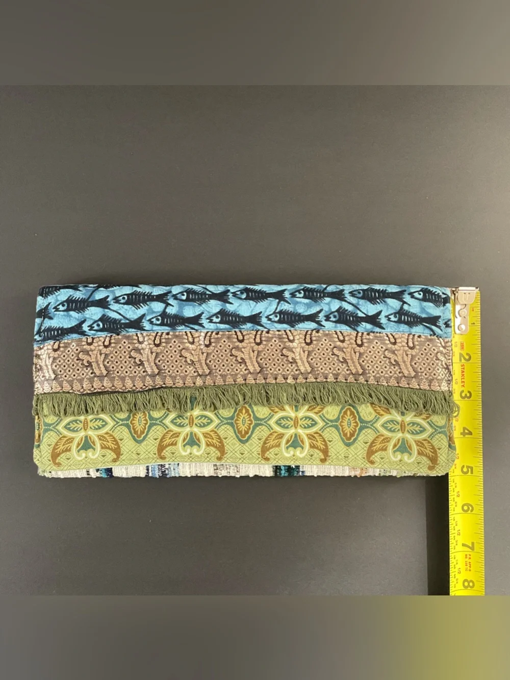 Our Woven Community Refugee Artisan Fold Over Clutch Fish Pattern Green Fringe